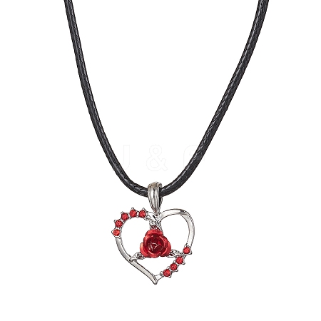 Alloy Rhinestone Heart with Rose Pendant Necklaces NJEW-JN04500-1