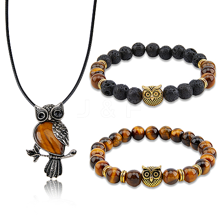 Alloy Owl Pendant Necklace & Beaded Stretch Bracelets SJEW-FI0001-06-1