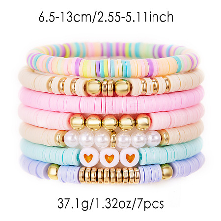 7Pcs Heart Pattern Polymer Clay & Plastic Pearl & CCB Plastic Beaded Stretch Bracelet Set for Women FS-WG634BB-06-1