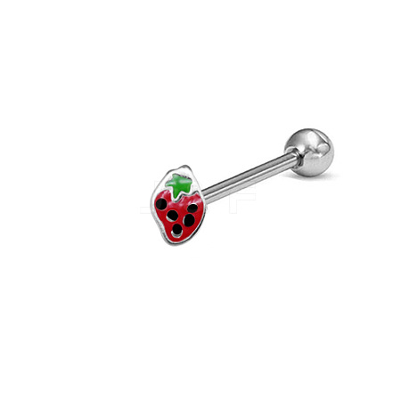 Strawberry Stainless Steel Enamel Straight Barbell 15 Gauge Piercing Tongue Rings for Women Men WG3D6AB-03-1