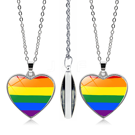 Pride Rainbow Flag Glass Heart Pendant Necklace PW-WG21341-01-1