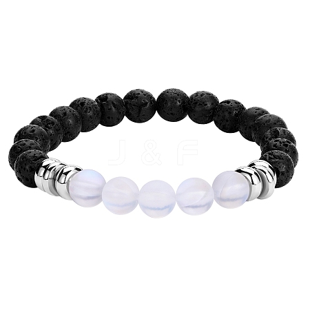 Synthetic Moonstone & Natural Lava Rock Round Beaded Stretch Bracelet BJEW-SW00060-01-1