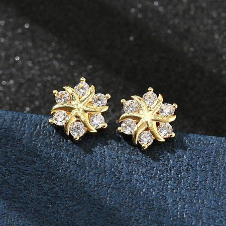Flower Brass Micro Pave Clear Cubic Zirconin Stud Earrings EJEW-D318-10G-1
