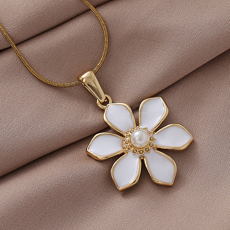 304 Stainless Steel Enamel with Imitation Pearl Cherry Blossom Flower Pendant Necklaces for Women RN9489-1