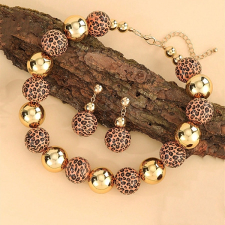 Alloy & Wood & CCB Plastic Round Beaded Necklaces & Stud Dangle Earrings Sets FS-WGB5D6A-02-1