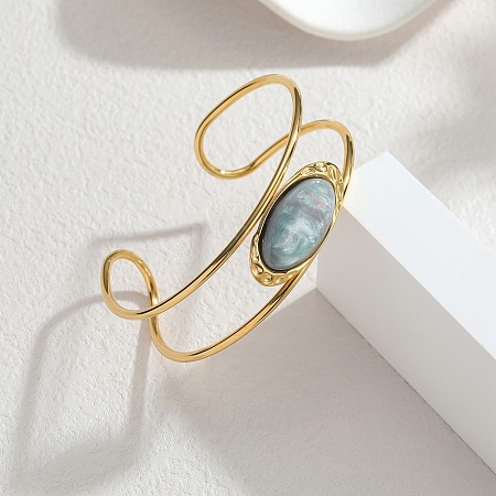 304 Stainless Steel & Nuggets Acrylic Imitation Gemstone Bead Cuff Bangles for Women BJEW-T027-01A-1