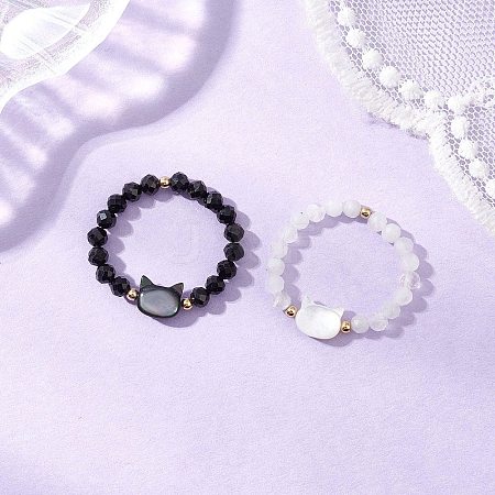 Natural Rainbow Moonstone and Natural Black Tourmaline Beaded Rings RJEW-TA00196-1