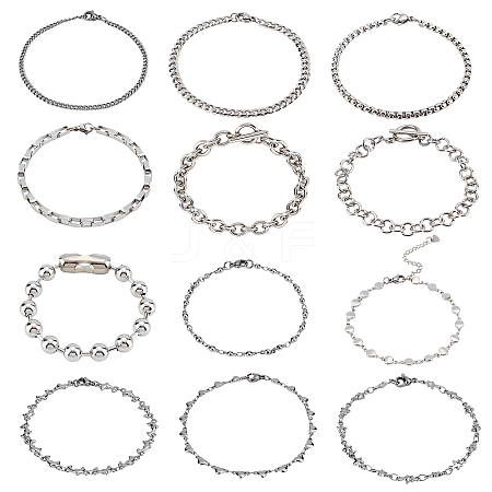 12Pcs 12 Style 304 Stainless Steel Chain Bracelets BJEW-DC0001-02-1