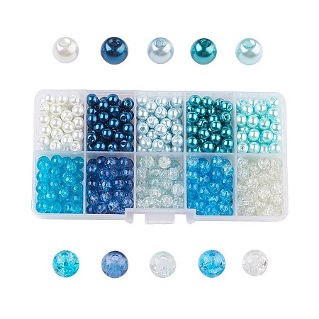 Mixed Baking Paint Crackle Glass & Glass Pearl Bead Sets HY-X0009-6mm-03-1