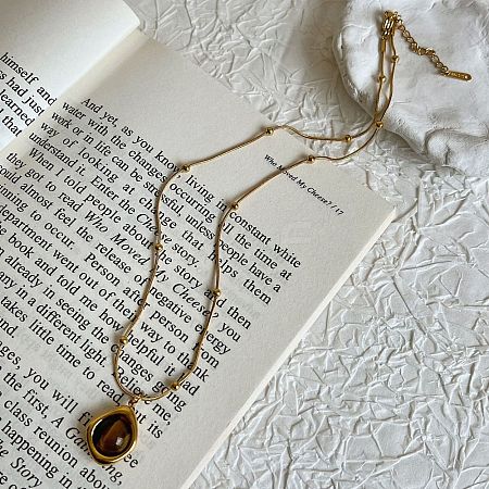 304 Stainless Steel Pave Natural Tiger Eye Pendant Necklaces FS-WG29919-01-1