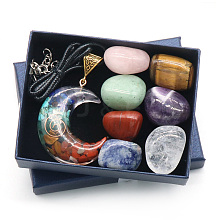 7 Chakra Tumbled Stone & Moon Pendant Necklace Mixed Natural Gemstone Healing Stones Set PW-WG21137-02