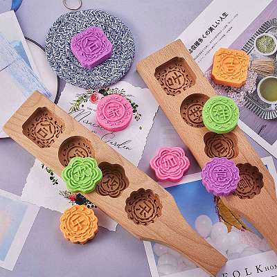 Flat Round & Square & Flower Wooden Press Mooncake Molds BAKE-SZ0001-02-1