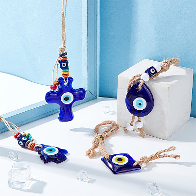 AHADEMAKER 4Pcs 4 Style Glass Evil Eye Pendant Decorations HJEW-GA0001-33-1