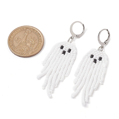 Halloween Woven MIYUKI Seed Beads Ghost Hoop Earrings EJEW-JE05854-01-1