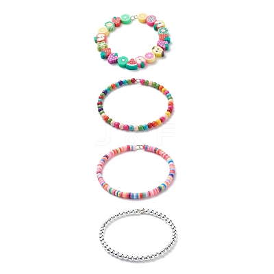 4Pcs 4 Style Handmade Polymer Clay Fruit & Synthetic Hematite & Turquoise(Dyed) Beaded Bracelets Set BJEW-JB08693-1