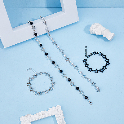 4Pcs 4 Style Alloy Hollow Star Link Chain Bracelets & Necklaces with ABS Plastic Pearl Beaded SJEW-FI0001-09-1