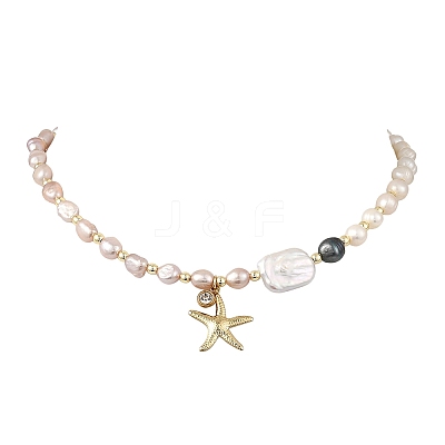Ocean 304 Stainless Steel Starfish Pendant Natural Pearl Beaded Necklaces for Women NJEW-JN06310-1