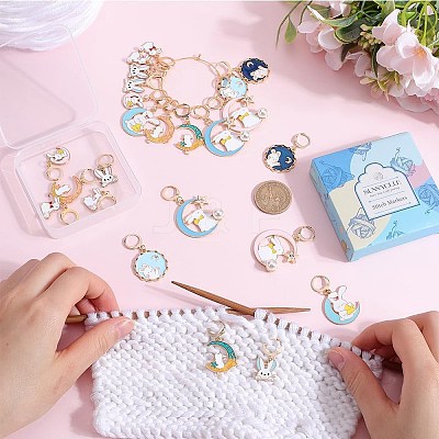 Rabbit with Moon Alloy Enamel Pendant Stitch Markers HJEW-SC00011-1