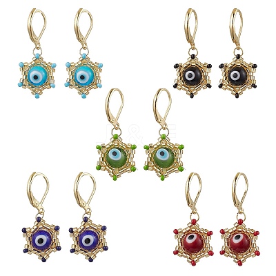 Star of David Evil Eye Handmade Glass Seed Beads with Lampwork Hoop Earrings EJEW-MZ00389-1