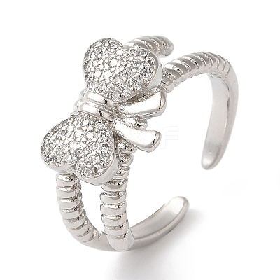 Bowknot Brass Micro Pave Clear Cubic Zirconia Open Cuff Rings for Women LS-RJEW-C098-01P-1