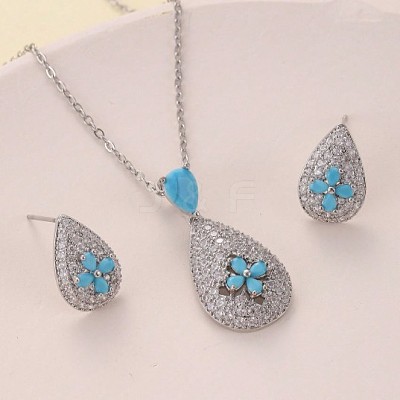Brass Micro Pave Cubic Zirconia Pendant Necklaces & Stud Earrings Sets FS-WGE5CB1-01-1