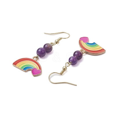 Rainbow Alloy Enamel & Natural Amethyst Dangle Earrings for Women EJEW-JE05923-1