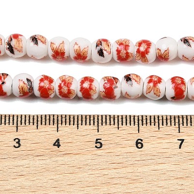 Handmade Flower Printed Porcelain Ceramic Beads Strands PORC-M005-6mm-06-1
