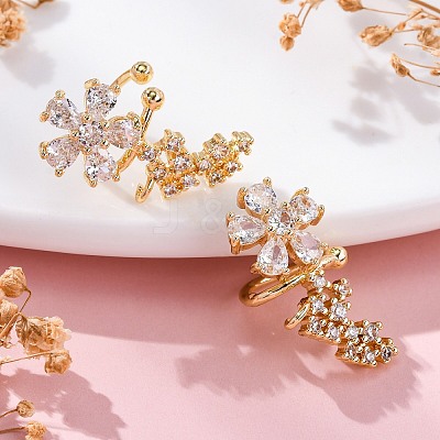Rack Plating Flower Brass Micro Pave Clear Cubic Zirconia Cuff Earrings EJEW-H147-15G-1