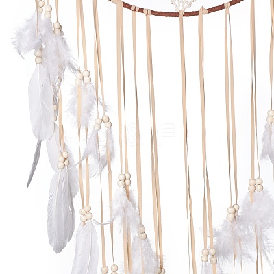 Handmade Round Cotton Woven Net/Web with Feather Wall Hanging Decoration HJEW-G015-02A-1