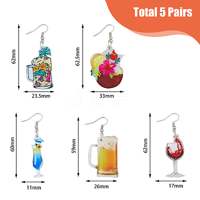 5 Pairs 5 Styles Acrylic Wine Glass Dangle Earrings with 304 Stainless Steel Pins EJEW-FI0001-68-1