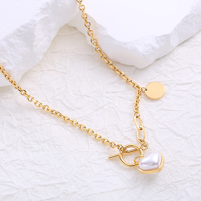 French Style Stainless Steel Pave Imitation Pearl Heart O-Toggle Pendant Necklaces for Women BF9178-2-1