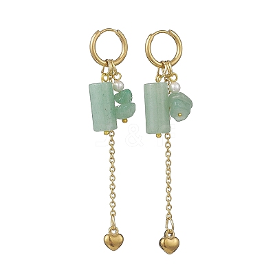 304 Stainless Steel Green Aventurine Heart Tassel Hoop Earrings EJEW-JE06731-02-1