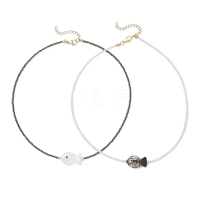 2Pcs 2 Colors Handmade Foil Lampwork Fish & Natural Rainbow Moonstone & Obsidian Faceted Round Beaded Necklaces for Women NJEW-JN05535-1