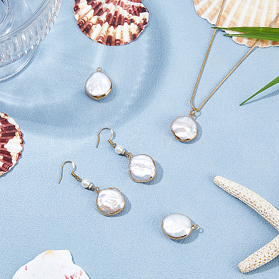 5Pcs Electroplated Natural Keshi Pearl Flat Round Pendants PEAR-HS0001-23-1