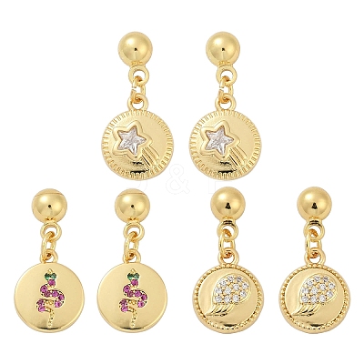 Flat Round with Star & Wing & Snake Brass Micro Pave Cubic Zirconia Dangle Stud Earrings EJEW-Z115-01G-1