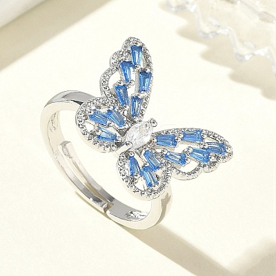 Adjustable Brass Butterfly Finger Rings with Light Blue Cubic Zirconia CU-CBA7E55-18P-02-1