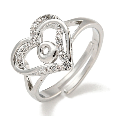 Heart with Letter Rack Plating Brass Micro Pave Clear Cubic Zirconia Adjustable Rings for Women RJEW-I105-01P-O-1