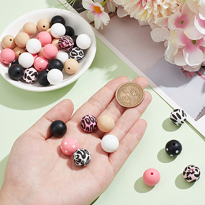 58Pcs 10 Styles Printed Round Silicone Focal Beads SIL-SC0002-06-1