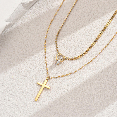 Stainless Steel Crystal Rhinestone Cross Pendant Double Layer Necklaces for Women LS-BW9176-1