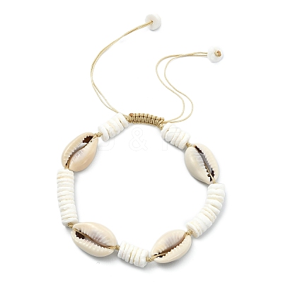 Cowrie Shell & Natural White Shell Beaded Adjsutable Bracelets BJEW-JB13918-1