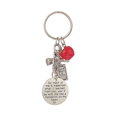 Tibetan Style Alloy Flat Round and Word Pendant Keychain with Apple Resin Charms KEYC-TA00007-1