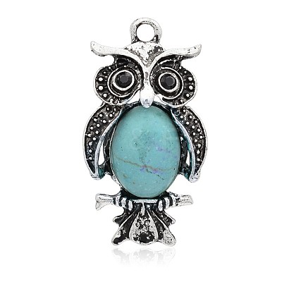 Antique Silver Plated Halloween Owl Alloy Dyed Synthetic Turquoise Pendants PALLOY-J652-01AS-1