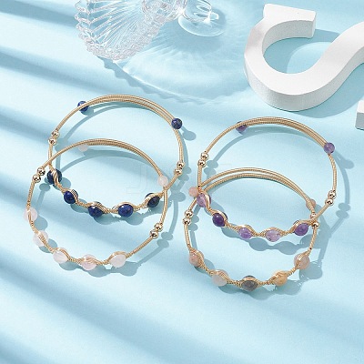 4Pcs 4 Style Natural Mixed Gemstone Round Beaded Cuff Bangles Set BJEW-JB10112-1