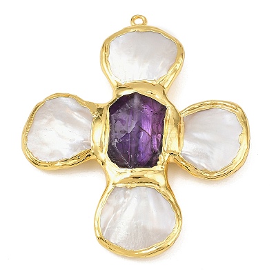 Natural Amethyst & Shell Pearl Big Pendants KK-H516-24G-01-1