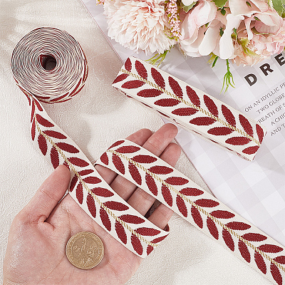 3 Yards Polyester Leaf Jacquard Ribbons SRIB-WH20020-020F-1