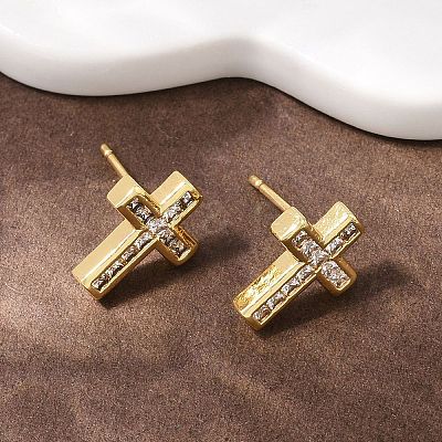 Brass Micro Pave Clear Cubic Zirconia Cross Stud Earrings EJEW-F400-22B-G-1