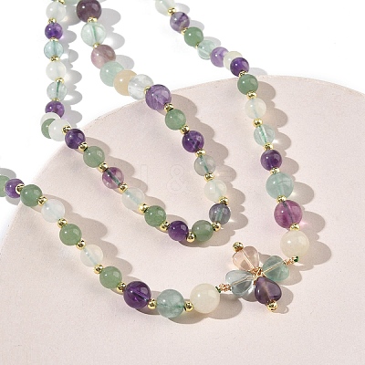 Saint Patrick's Day Natural Fluorite Clover Pendant Round Beaded Necklaces with Brall Heart OT Clasps NJEW-G202-02G-02-1