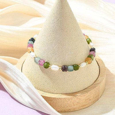 Natural Multicolor Tourmaline & Brass Beaded Bracelets for Women BJEW-JB13959-1