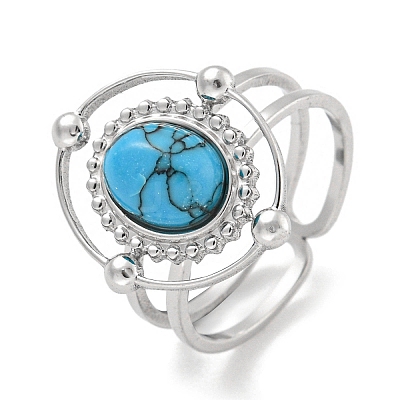 304 Stainless Steel Synthetic Turquoise Cuff Rings G-Z056-04P-01-1