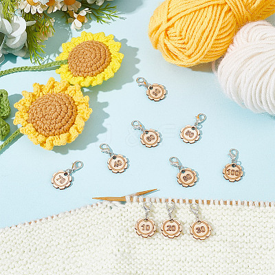 10Pcs 10 Style Flower with Number Wood Pendant Locking Stitch Markers HJEW-AB00644-1